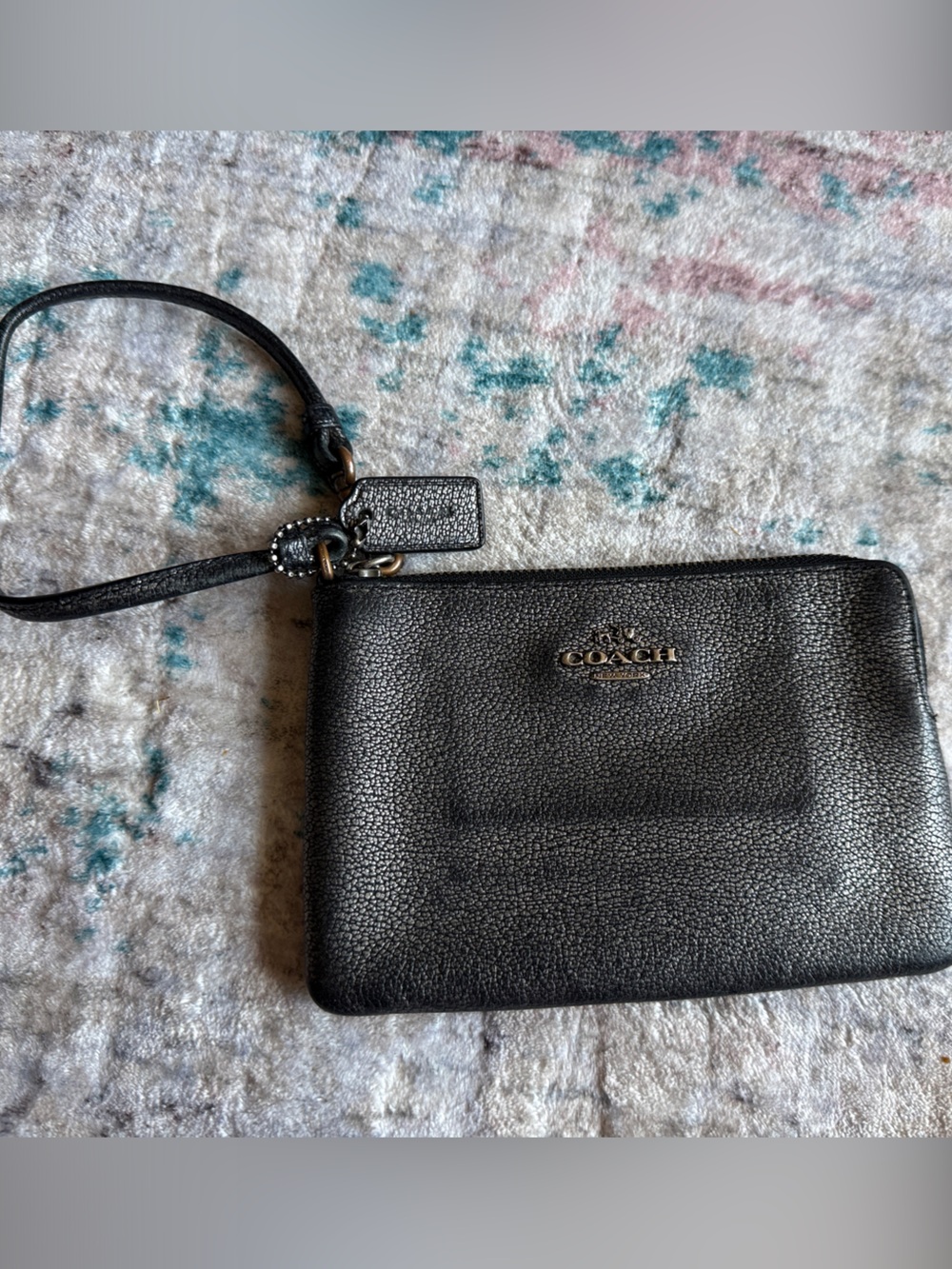Coach Black Pebbled Leather Zip Wristlet with Logo Accent